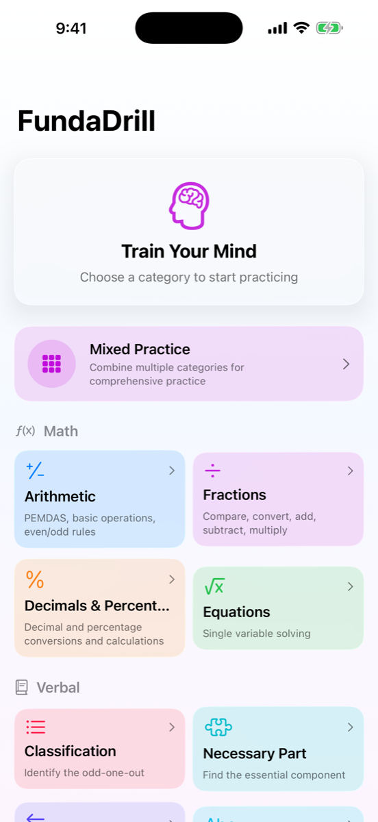 Category picker showing Mixed Practice plus eight math and verbal categories