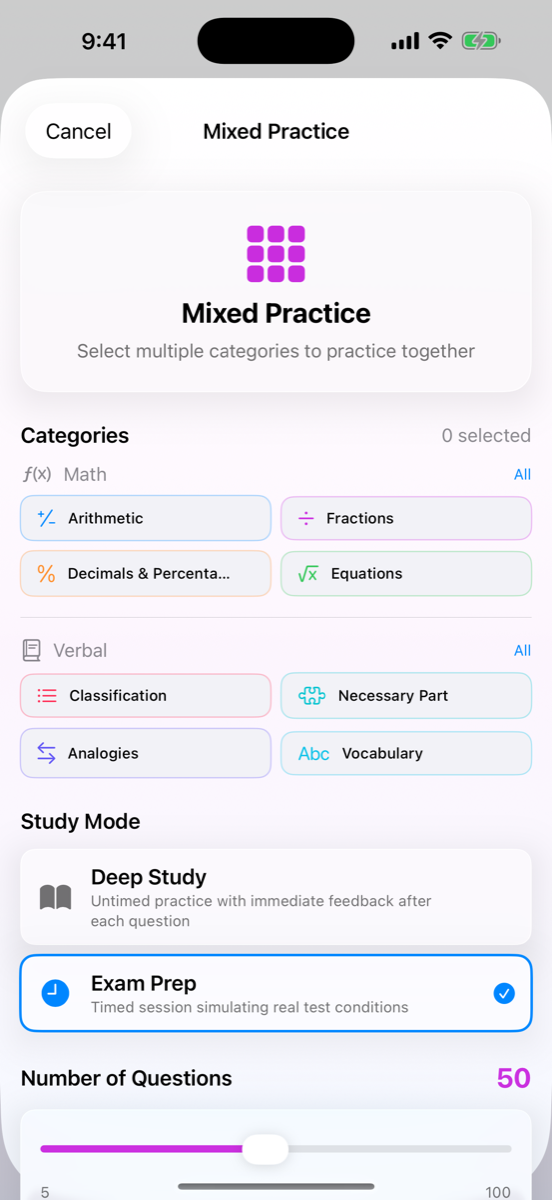 Mixed Practice setup with category checkboxes, Deep Study versus Exam Prep mode, and a number-of-questions slider