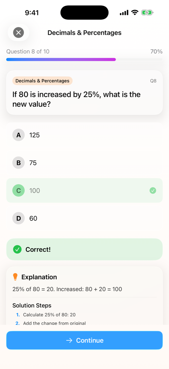 A Decimals and Percentages question with the correct answer highlighted and a step-by-step explanation below