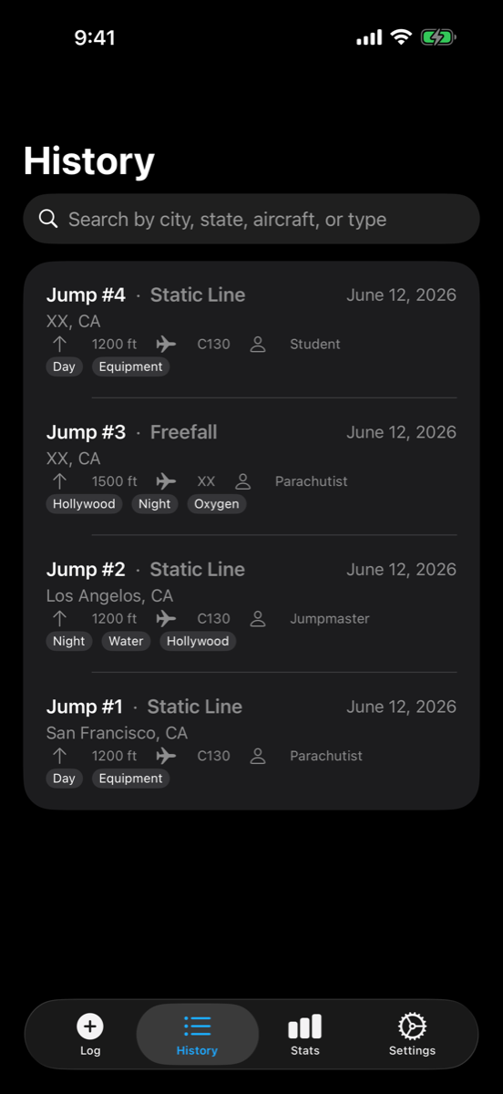History list in dark mode showing four jumps with type, location, altitude, aircraft, duty position, and condition badges