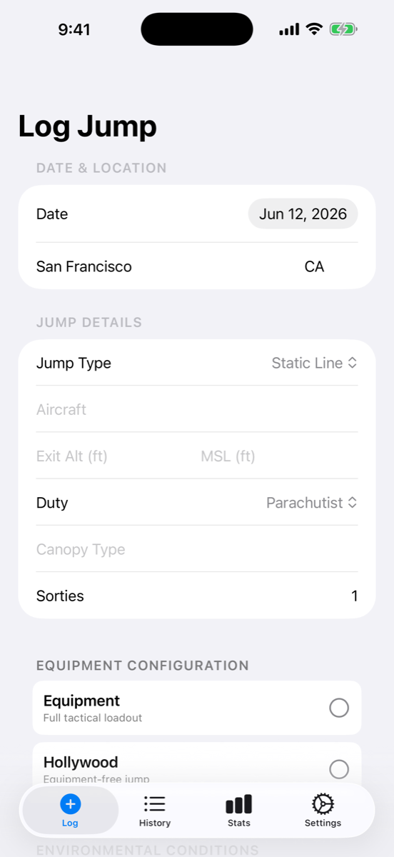 Log Jump screen showing date, location, jump type, aircraft, altitude, and equipment options